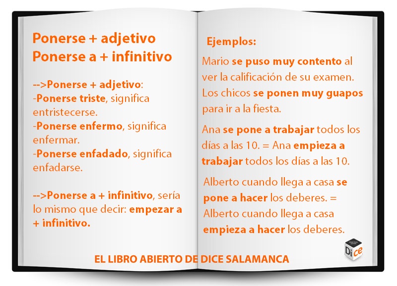 Libro abierto de DICE 95: expresiones "ponerse + adjetivo" y "ponerse a + infinitivo"